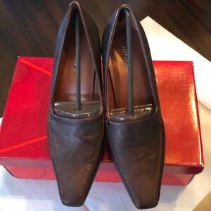 Moved Aerosoles Pizza Copper stacked heel pointy squared off toe pumps + box